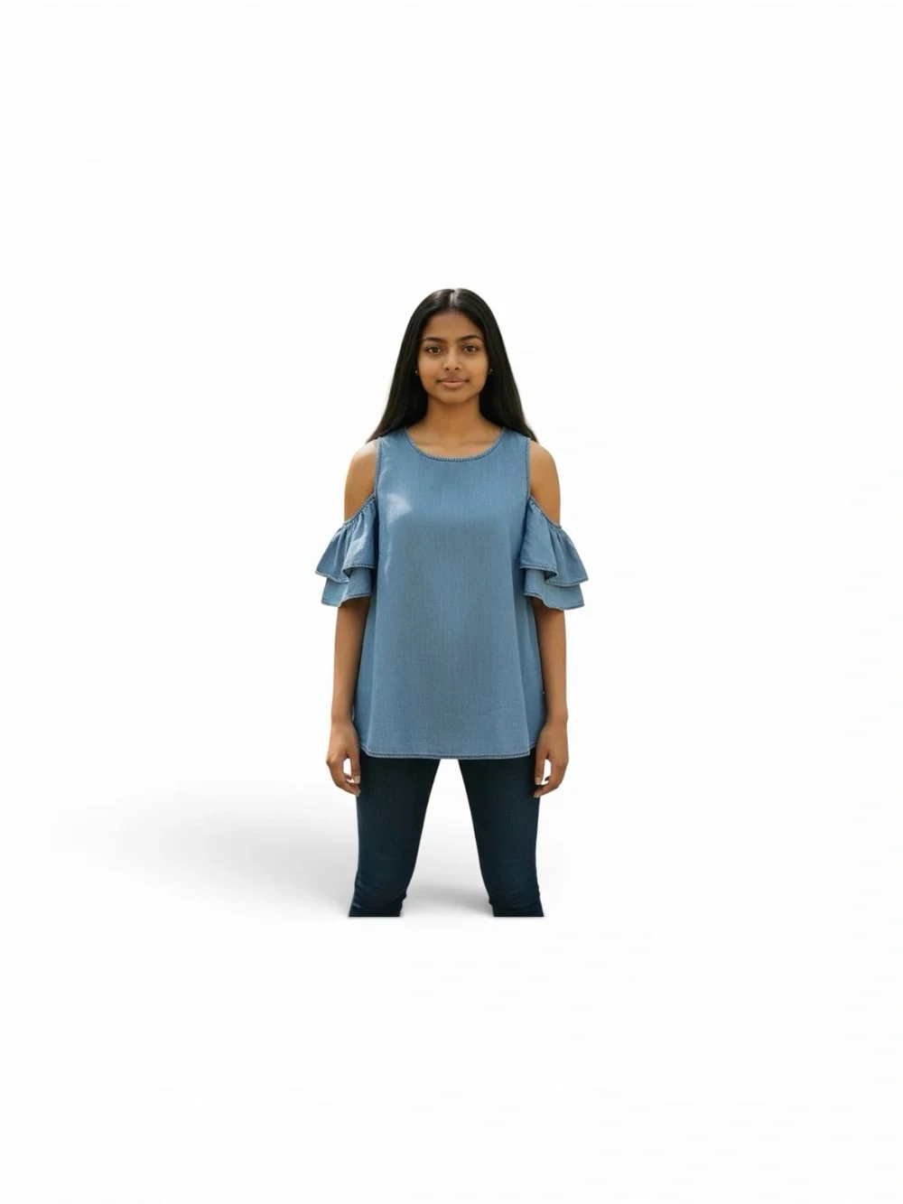 Michael Kors Denim Blue Cold-Shoulder Ruffle Top